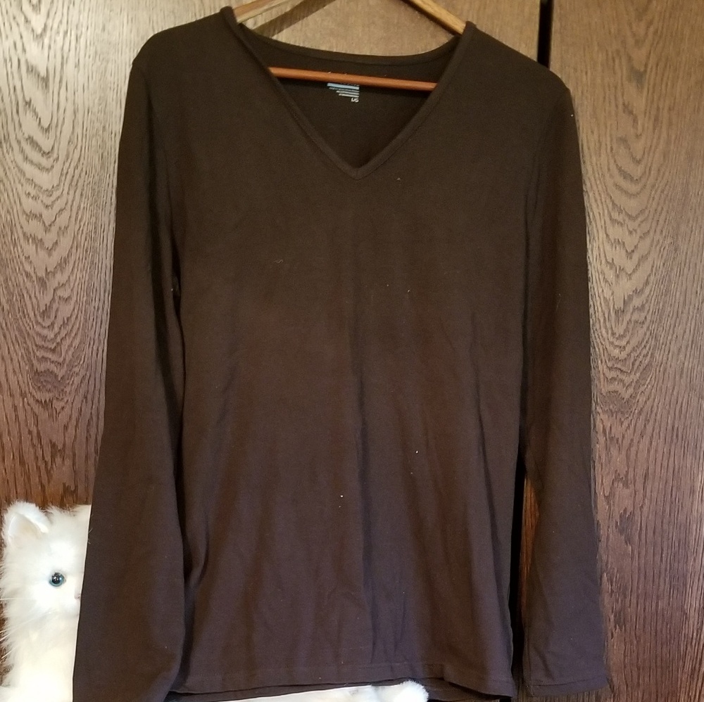 Basic Editions Brown V Neck Tee Long Sleeved - image 1